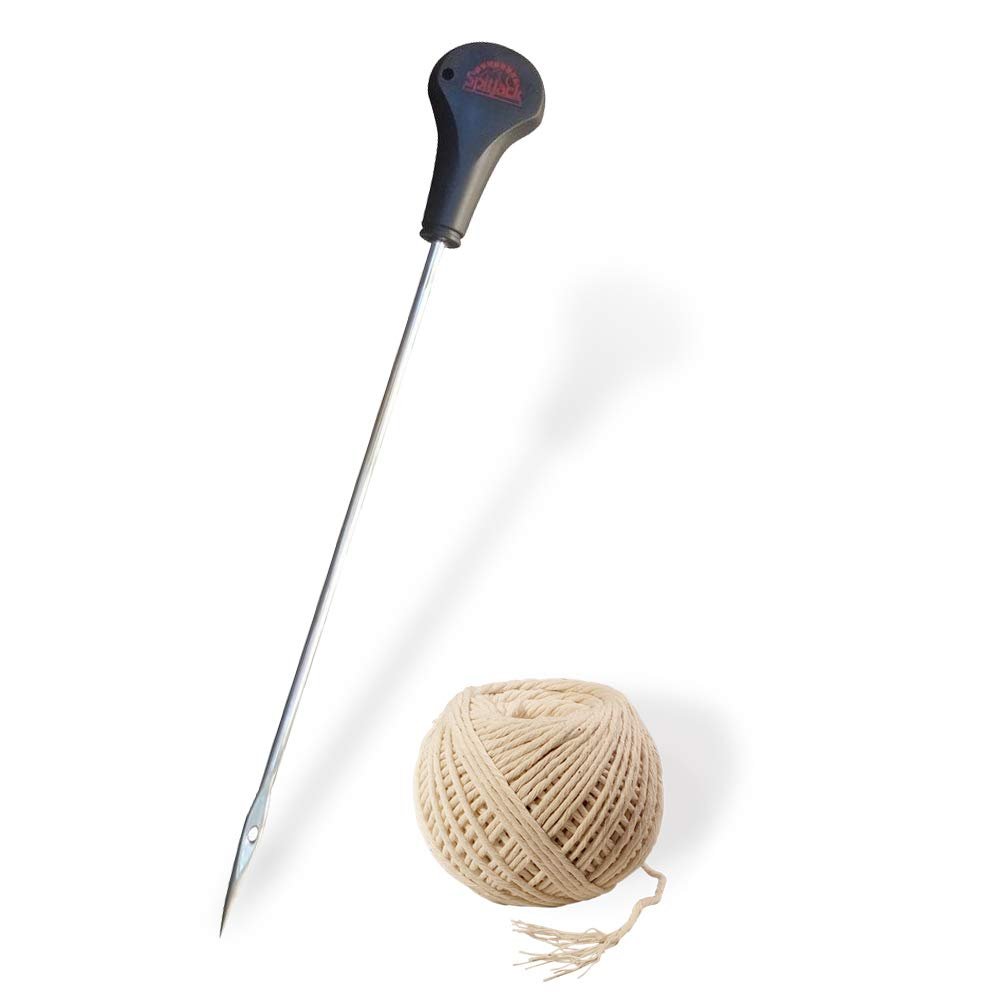 SpitJack Meat 12 Inch Trussing Needle and Butchers Cooking Twine Kit for Sewing Up Whole Hog, Pig, Roasting Chicken and Turkey. 12 Inch SS Needle and 185 Feet of Cotton Kitchen String.
