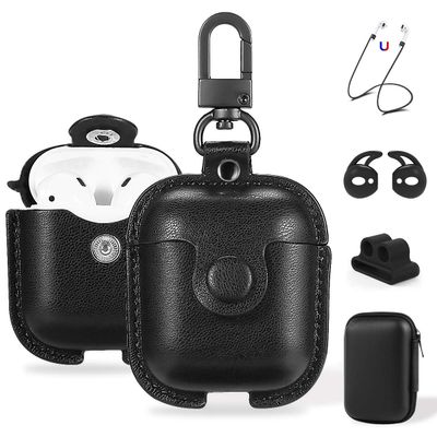 Maxjoy for AirPods 1/2 Case Case Leather with Keychain, Black