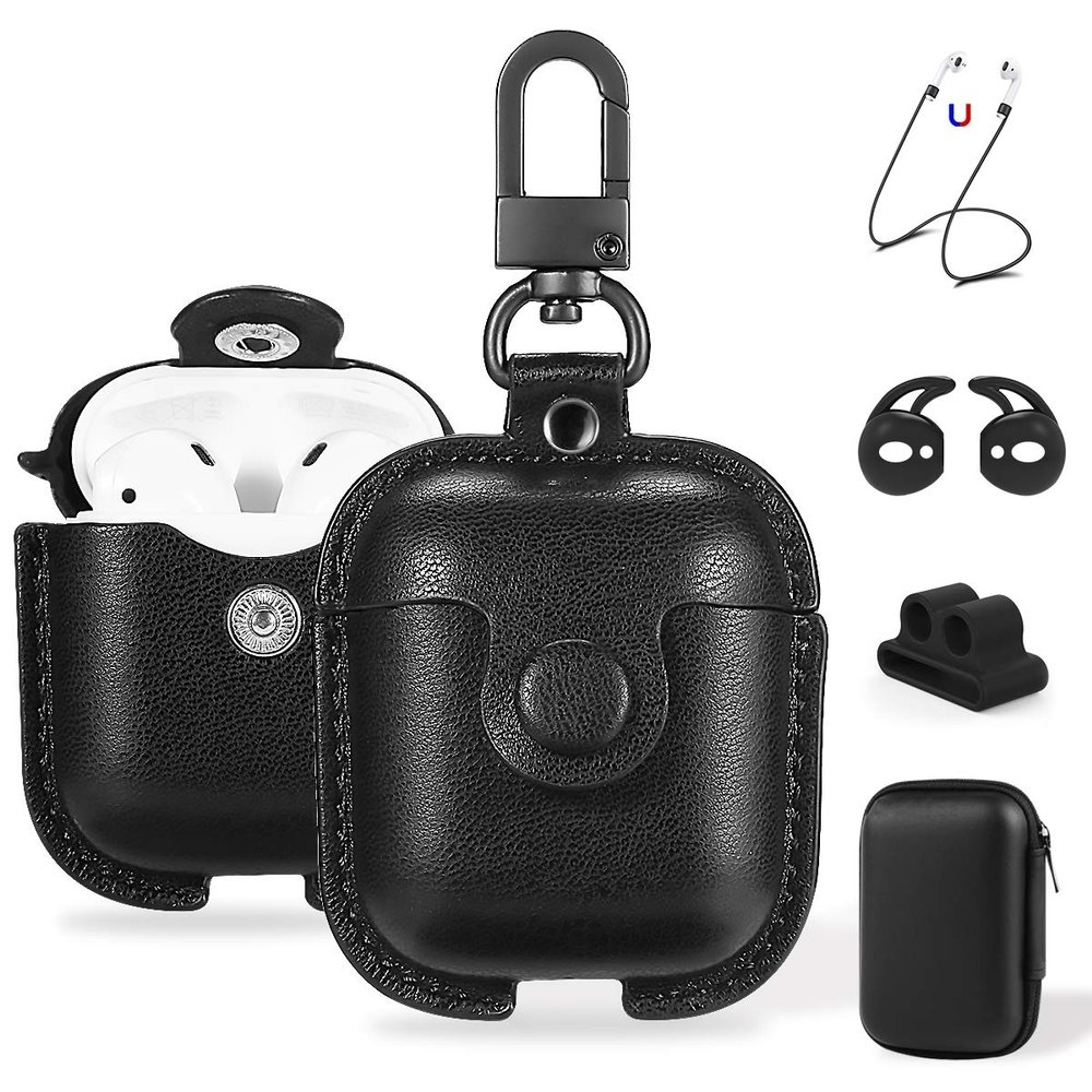 Maxjoy for AirPods 1/2 Case Case Leather with Keychain, Black