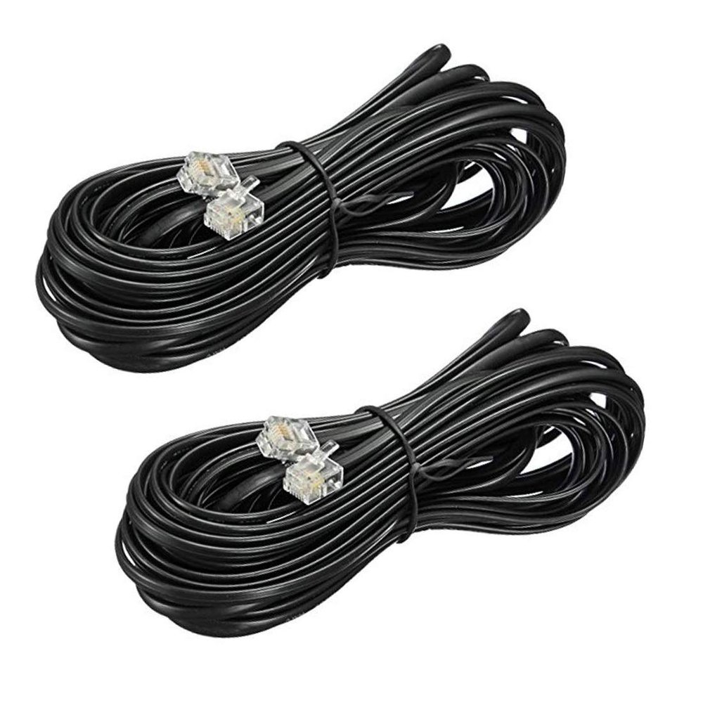 2 Pack 33 Feet Long Black Telephone Line Cord Phone Extension Modular Telephone Extension Cord 6P4C Pin Plug Male to Male Plug Telephone Extension 2 Conductor (2 pin, 1 line) Cable Line Wire