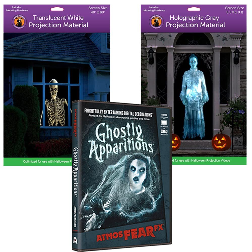 AtmosFEARfx Ghostly Apparitions Halloween Digital Decoration DVD with Large Holographic + Reaper Bros Window Projection Screens