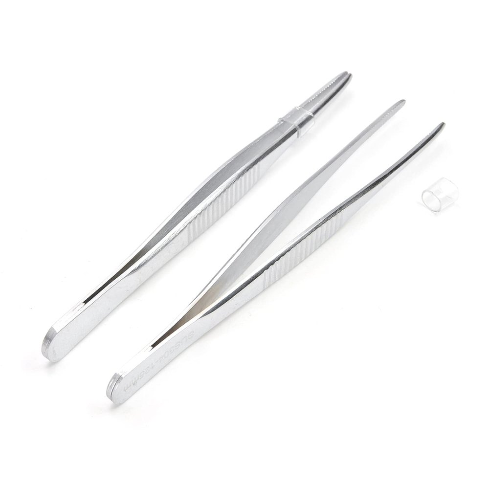 Utoolmart 2Pcs 304 12.5cm Lenght Straight Head Stainless Steel Straight Blunt Tweezers Serrated Tip