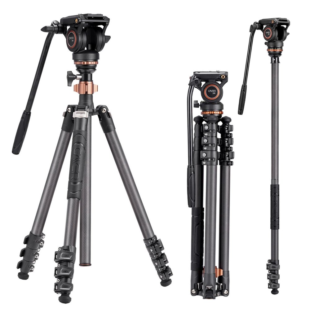 Cayer CF2451 Carbon Fiber Tripod Kit, 75 inches Video Tripod Leg with Fluid Head, 4-Section Tube Stand Convertible to Monopod for DSLR Camera, Video Camcorder, Max Load 13.2lb