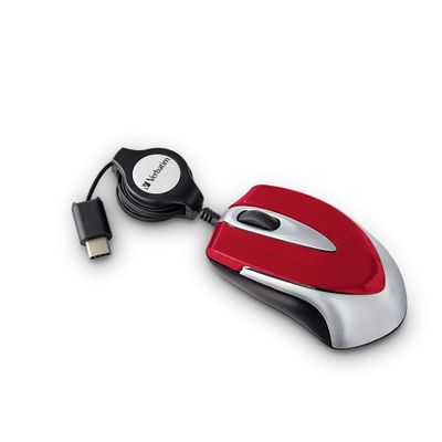 Verbatim USB C Corded Mini Travel Type C Optical Wired Mouse for Mac and PC- Red