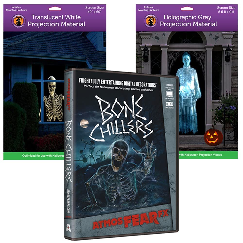 AtmosFEARfx Bone Chillers Halloween Digital Decoration DVD with Large Holographic + Reaper Bros Window Projection Screens