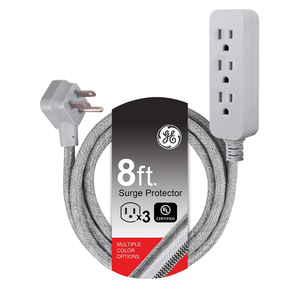 GE Pro 3 Outlet Surge Protector Power Strip, 8 Ft Designer Braided Extension Cord, Flat Plug, Wall Mount, Heather Gray, 45916