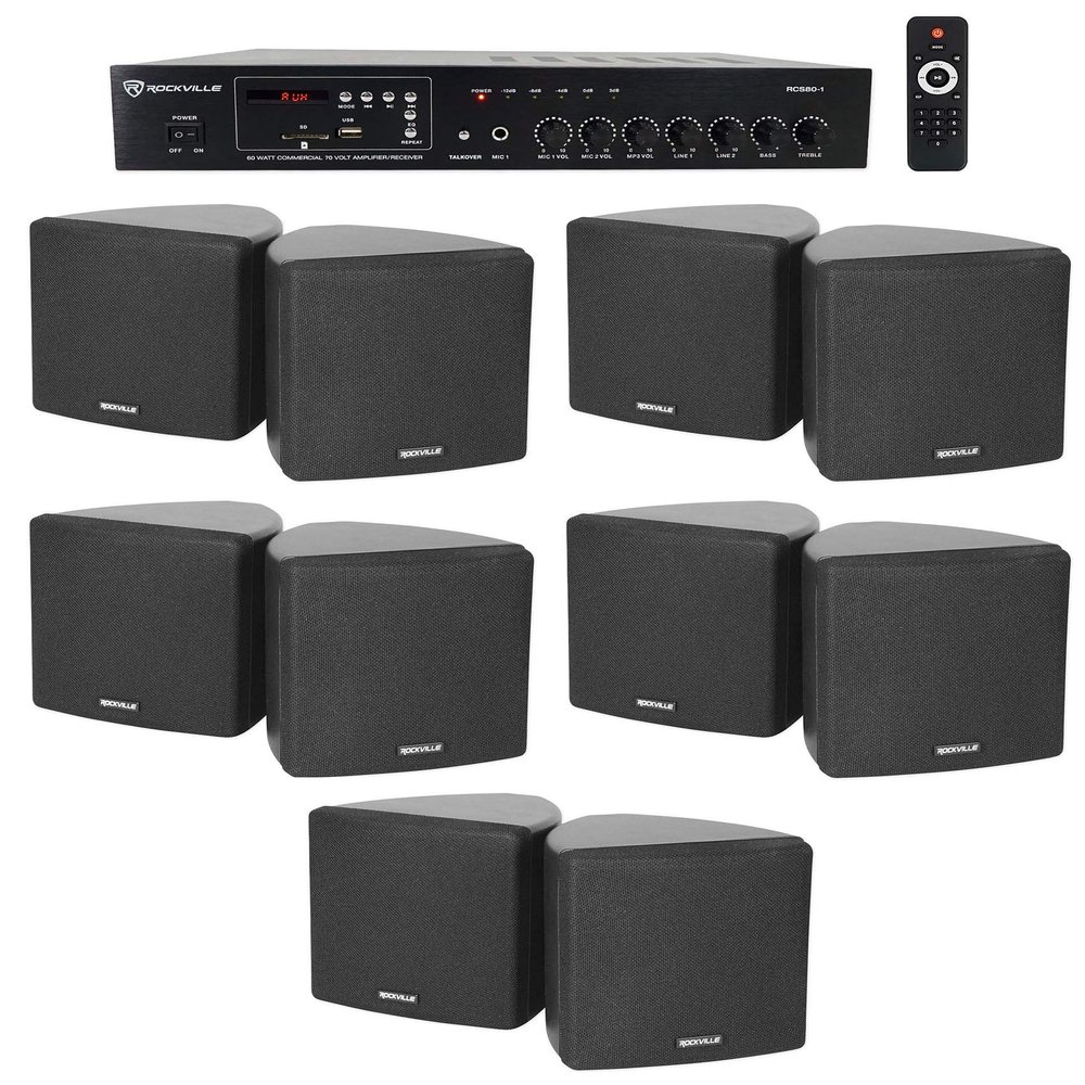 Rockville RCS80-1 Bundle: 60 Watt 70V Commercial Bluetooth Amplifier, (10) 3.5 in Black Cube Wall Mount Swivel Speakers, for Restaurants, Cafes, and Offices, 11-Items