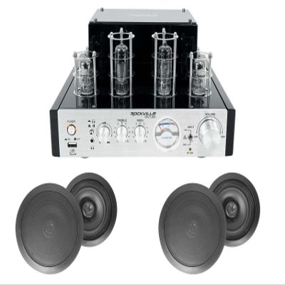 Rockville BluTube Bundle: 70W Tube Amplifier/Stereo Receiver w Bluetooth, (2) Pair HC85 700W 8" in-Ceiling Home Theater Speakers 8-Ohm, 3-Items