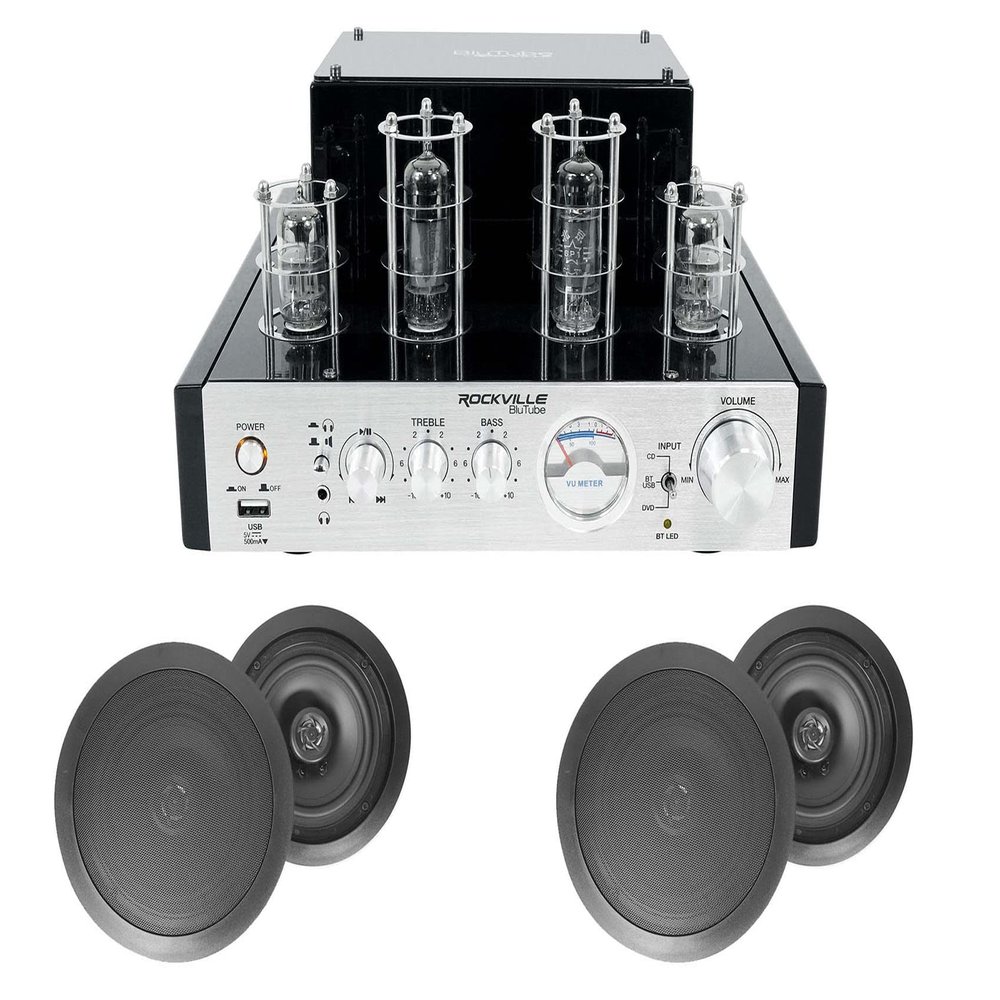 Rockville BluTube Bundle: 70W Tube Amplifier/Stereo Receiver w Bluetooth, (2) Pair HC85 700W 8" in-Ceiling Home Theater Speakers 8-Ohm, 3-Items