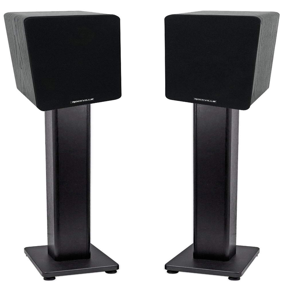 Rockville RockShelf 54B Bundle: Pair 5.25 in 360W Peak/90W RMS 4-Ohm Black Passive Home Bookshelf Speakers, Pair RHTSB 36 in Wood Speaker Stands with Isolation Pads, Brass Spikes & Cable Clip, 2-items