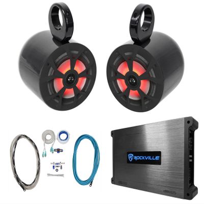 Rockville RKL65MBW Bundle: (2) 6.5" 350W Peak/85W RMS Each Marine Wakeboard Speakers, DBM25 1500-Watt 2 Channel Marine Amp, (2) MAC65B Black Aluminum Tower Speaker Pods, RMWK4 Amp Wire Kit, 6-Items