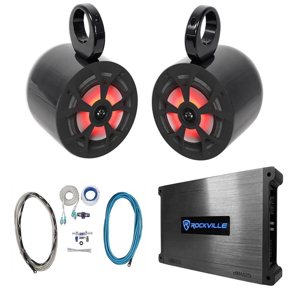 Rockville RKL65MBW Bundle: (2) 6.5" 350W Peak/85W RMS Each Marine Wakeboard Speakers, DBM25 1500-Watt 2 Channel Marine Amp, (2) MAC65B Black Aluminum Tower Speaker Pods, RMWK4 Amp Wire Kit, 6-Items