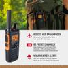 Cobra RX680 Walkie Talkies (2-Pack) - Rugged & Splashproof Two Way Radios Long Range, IP54 Water Resistant Design, 60 Pre-Programmed Channels, Weather Alerts, Included Charging Dock (Black/Orange) view 3