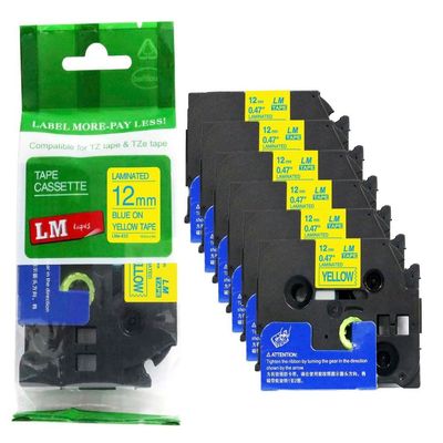 6/Pack - LM Tapes Compatible TZe-633 Blue on Yellow p-Touch Label Tape, 12mm Laminated replacment TZe633 Tape, TZ633 0.47" Blue Ink on Yellow Label with a Great Color/Size Guide.