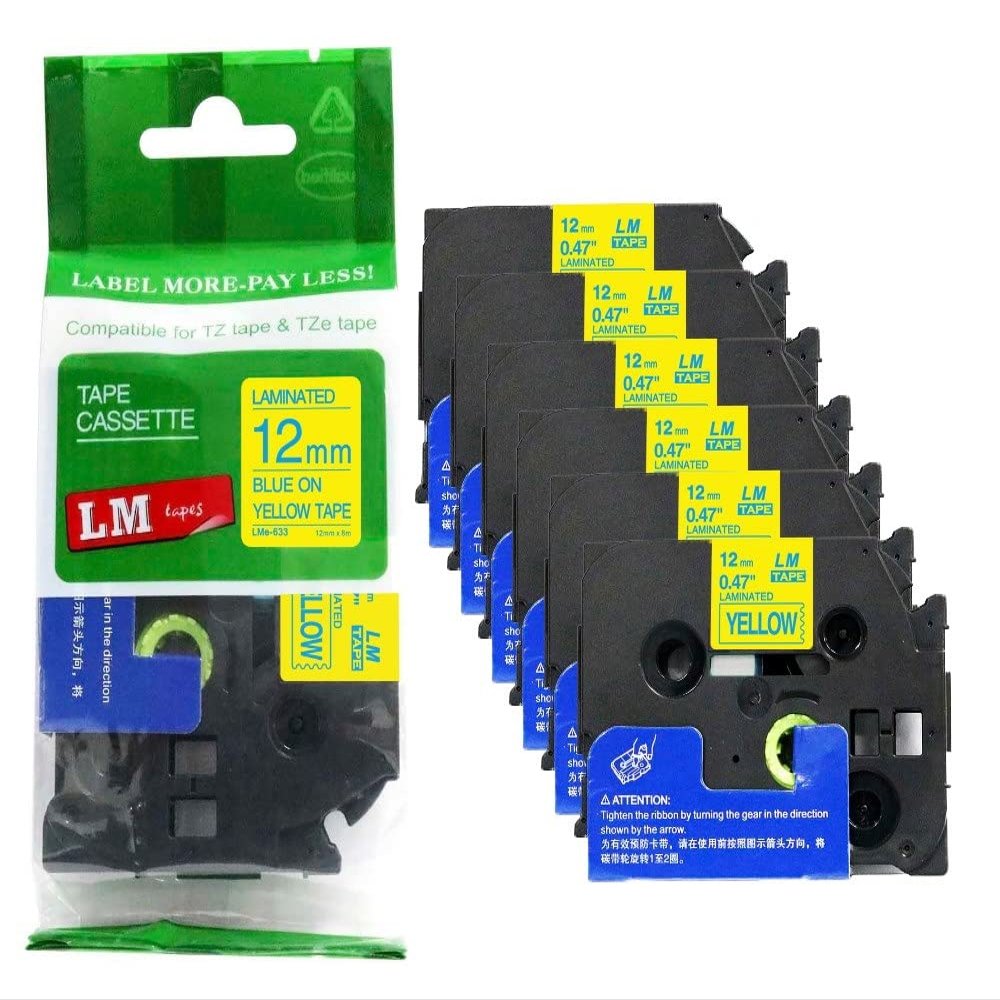 6/Pack - LM Tapes Compatible TZe-633 Blue on Yellow p-Touch Label Tape, 12mm Laminated replacment TZe633 Tape, TZ633 0.47" Blue Ink on Yellow Label with a Great Color/Size Guide.
