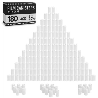 Houseables Film Canisters with Caps, Film Canisters, 35mm Case, Containers with Lids, Cannister for Rockets, Empty Camera Reel Holder, Coin Storage, White, Plastic, Bottle, 8oz, 2"H x 1"W, 180PK, Bulk