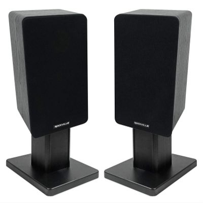 Rockville RockShelf 54B Bundle: Pair 5.25 in 360W Peak/90W RMS 4-Ohm Black Passive Home Bookshelf Speakers, Pair RHT8B 8 in Desktop Wood Studio Monitor Stands with Isolation Pads, 2-Items