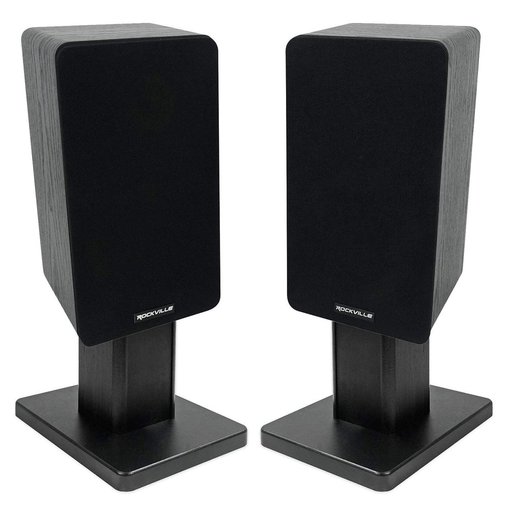 Rockville RockShelf 54B Bundle: Pair 5.25 in 360W Peak/90W RMS 4-Ohm Black Passive Home Bookshelf Speakers, Pair RHT8B 8 in Desktop Wood Studio Monitor Stands with Isolation Pads, 2-Items