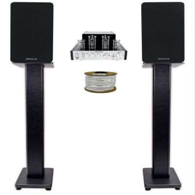 Rockville BluTube Bundle: 70W Bluetooth Tube Amplifier, Pair RockShelf 54B 360W Peak/90W RMS 4-Ohm 75Hz-20kHz 5.25 in Speakers, Pair RHTSB 36 in Stands, RCC14-100-2 14 AWG 100 ft Wire, 4-Items