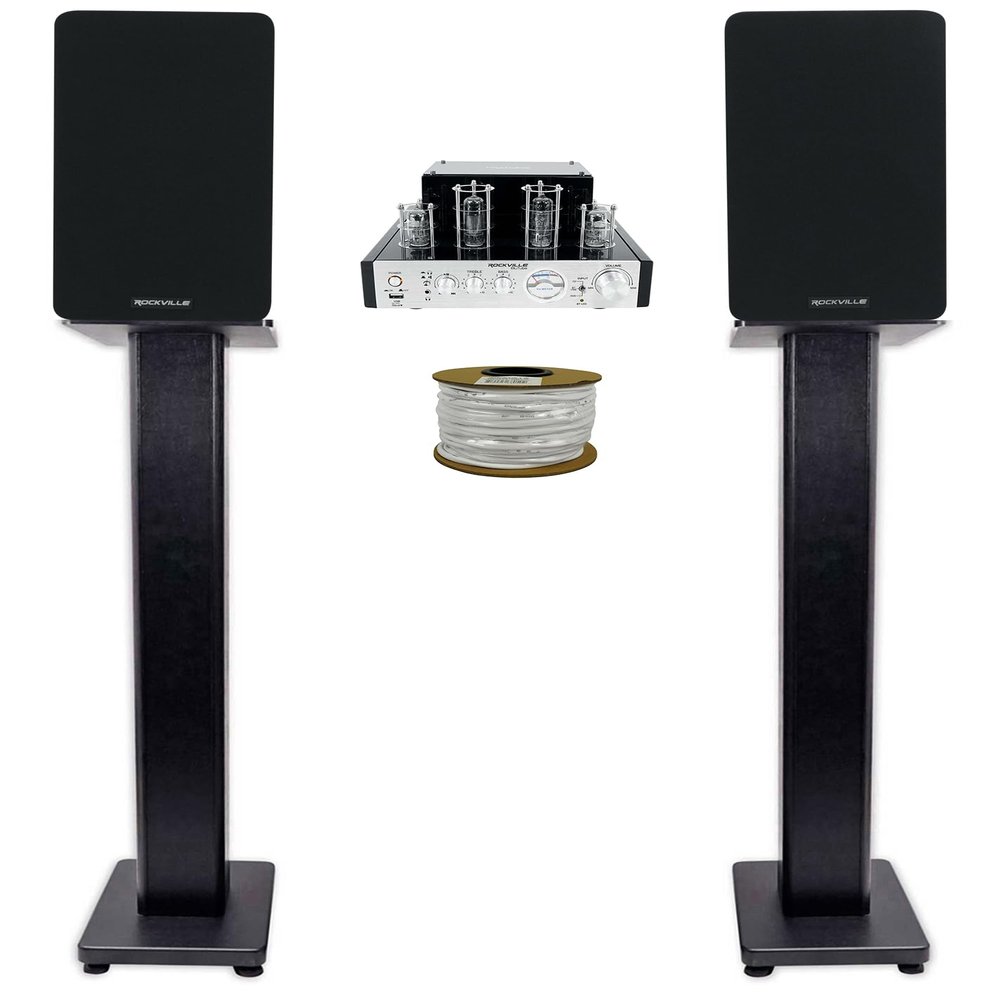 Rockville BluTube Bundle: 70W Bluetooth Tube Amplifier, Pair RockShelf 54B 360W Peak/90W RMS 4-Ohm 75Hz-20kHz 5.25 in Speakers, Pair RHTSB 36 in Stands, RCC14-100-2 14 AWG 100 ft Wire, 4-Items
