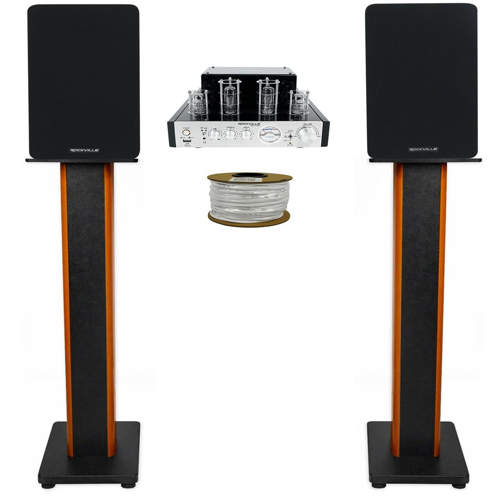 Rockville BluTube Bundle: 25Wx2 @8ohm/35Wx2 @4ohm Bluetooth Amplifier, Pair RockShelf 54B 360W Peak/90W RMS 5.25in Bookshelf Speakers, Pair RHTSC 36in Stands, RCC14-100-2 14AWG 100ft Wire, 4-Items