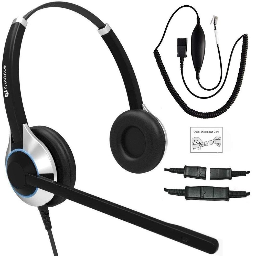TruVoice HD-550 Premium Double Ear Headset with Noise Canceling Microphone and Detachable Smart Cable - Compatible with 95% of Telephones