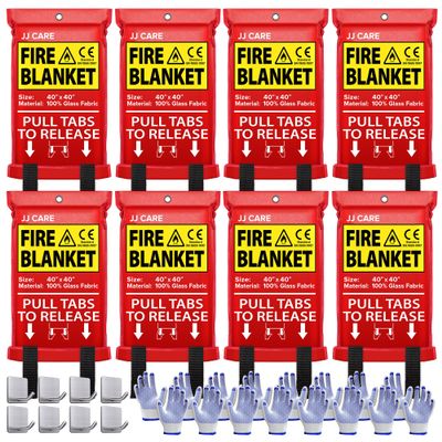 JJ CARE Fire Blanket for Home 40"x40" + 8 Hooks & 8 Gloves, Fire Suppression Blanket, Emergency Fire Blanket for People, Fire Blanket Kitchen, Emergency Use - White