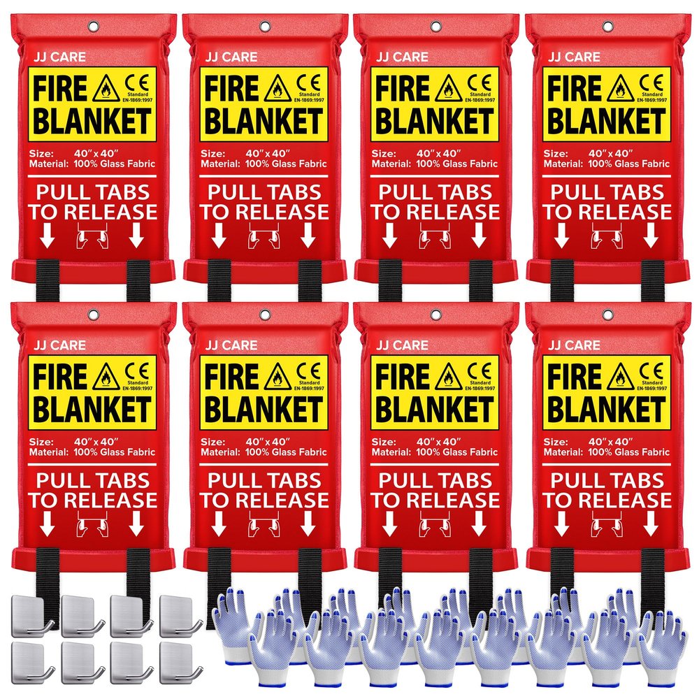 JJ CARE Fire Blanket for Home 40"x40" + 8 Hooks & 8 Gloves, Fire Suppression Blanket, Emergency Fire Blanket for People, Fire Blanket Kitchen, Emergency Use - White