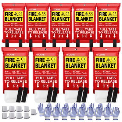 JJ CARE Fire Blanket 9 Packs with Hooks and Gloves 40" x 40" Fire Blankets Emergency