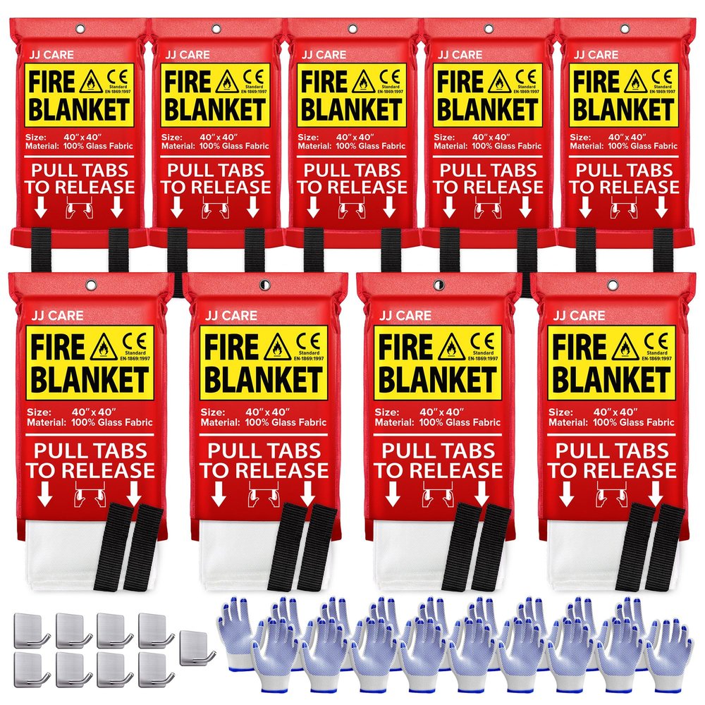 JJ CARE Fire Blanket 9 Packs with Hooks and Gloves 40" x 40" Fire Blankets Emergency