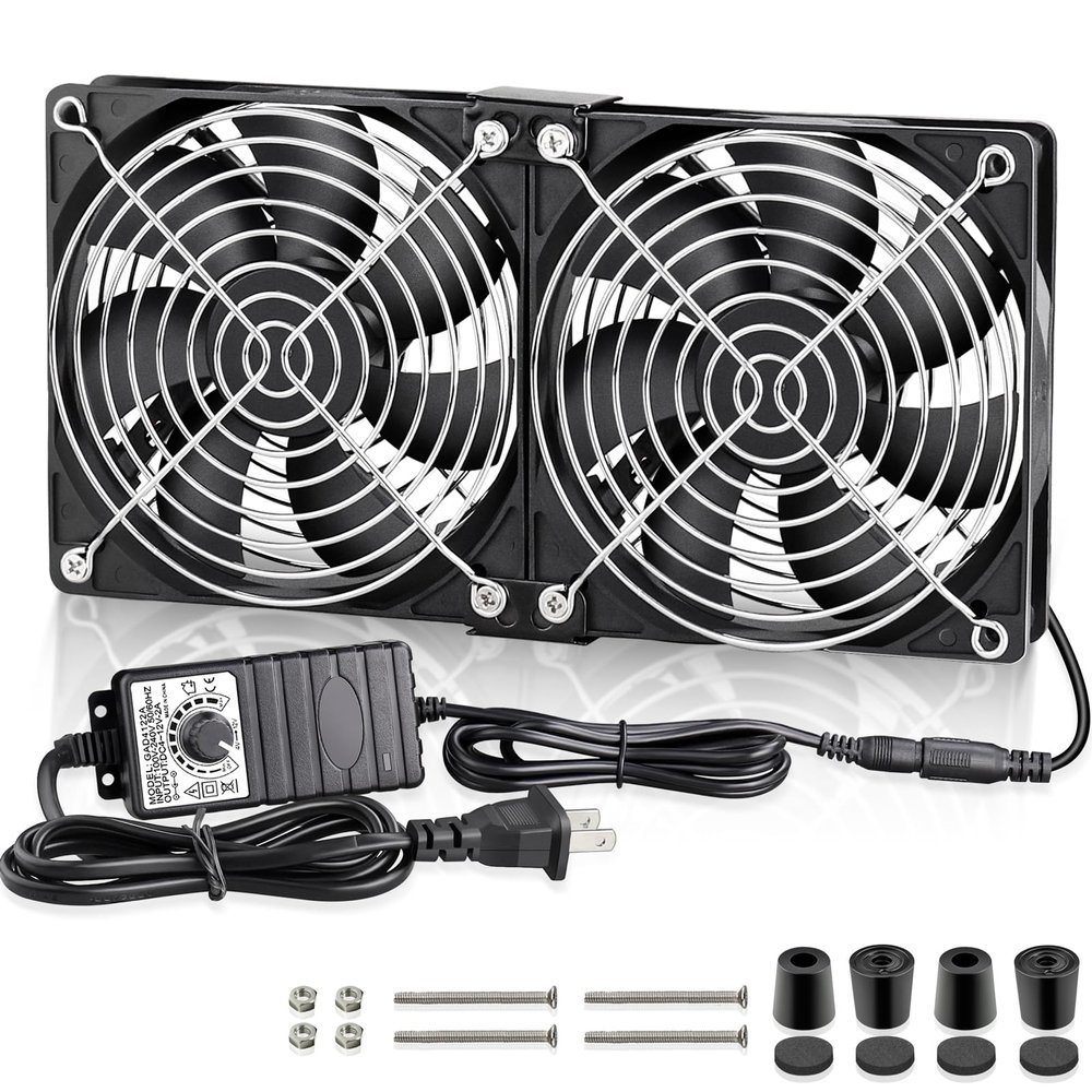 GDSTIME Big Airflow Dual 120mm Fans, 2x120mm 240mm Computer Fan with AC Plug, 110V 120V 220V 240V AC Powered with Variable Speed Controller 4V to 12V for Server Rack Cabinet Workstation Cooling