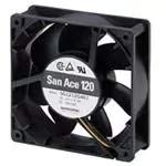 SANYO Denki 9GA1212P4G001 DC Fan Sq120x25mm 12VDC 11.2W, 6400rpm 134CFM 57dB, Rib Tach PWM Duty 0% Stop, 4 Wire, Plastic F/B