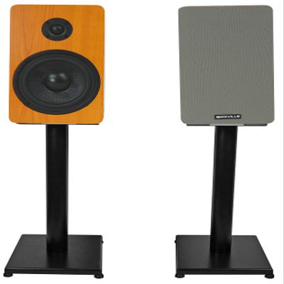 Rockville RockShelf 54C Bundle: Pair 5.25 in 360-Watt Wood 4 Ohm Home Bookshelf Speakers, Pair RS21B 21 in Steel Studio Monitor Stands with Isolation Pads, 4-Items