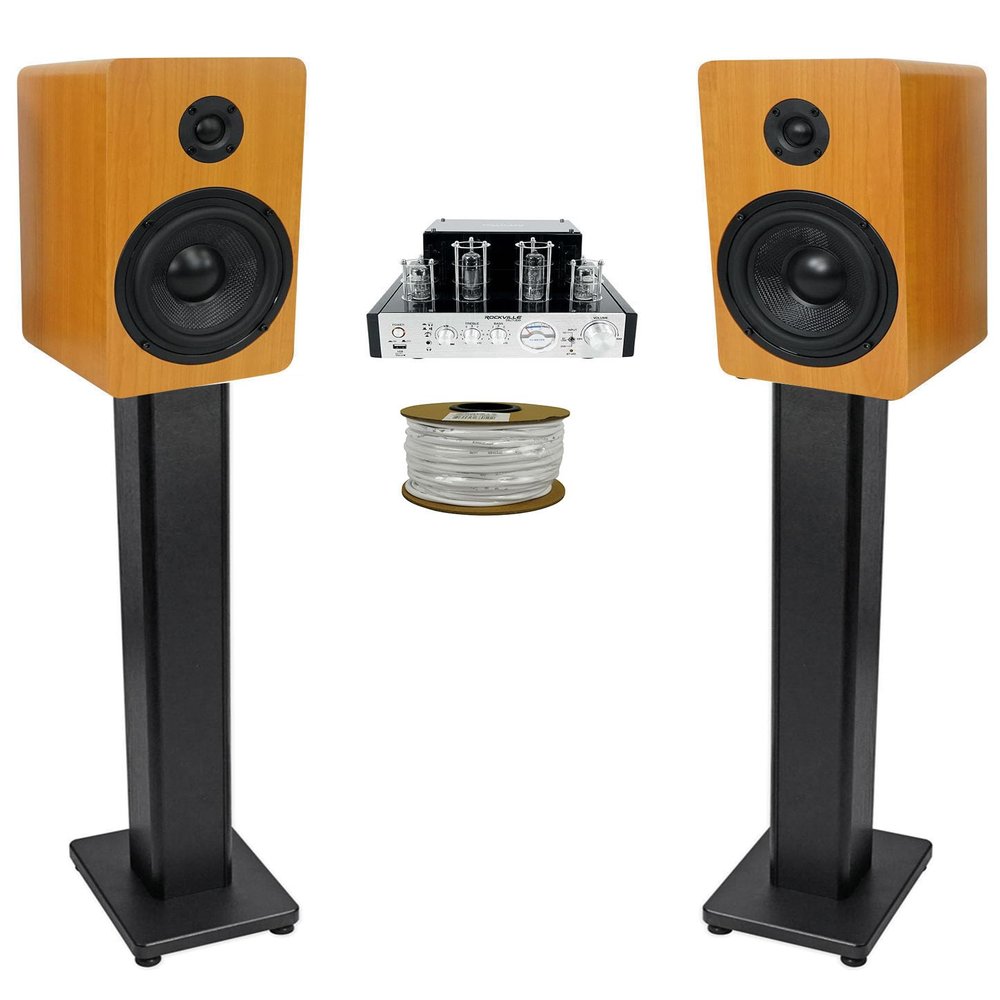 Rockville RockShelf 54C Bundle: (2) 5.25" 360W Peak / 90W RMS Bookshelf Speakers, (2) RHTSB 36" Bookshelf Stands, BluTube 70W Home Theater Stereo Receiver, RCC14-100-2 CL2 100 ft Speaker Wire, 6-items