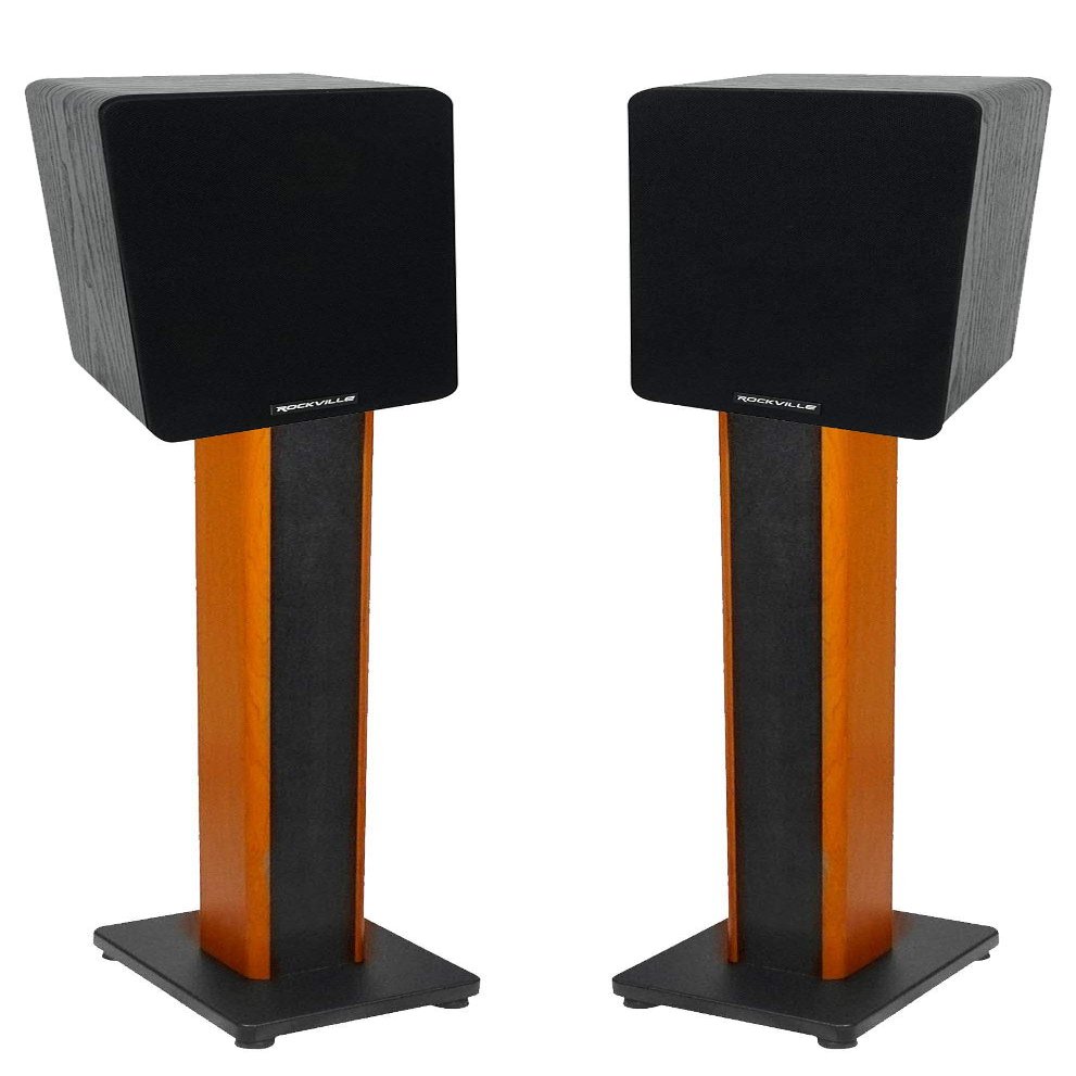 Rockville RockShelf 54B Bundle: Pair 5.25in 360W Peak/90W RMS 4-Ohm Black Passive Home Bookshelf Speakers, Pair RHTSB 36 in Wood Speaker Stands with Isolation Pads, Brass Spikes & Cable Clips, 2-items