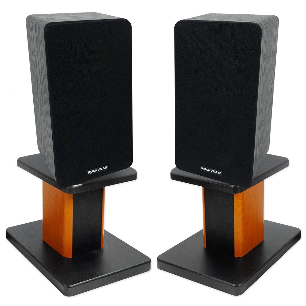 Rockville RockShelf 54B Bundle: Pair 5.25 in 360W Peak/90W RMS 4-Ohm Black Passive Home Bookshelf Speakers, Pair RHT8C 8 in Wood Desktop Studio Monitor Stands with Isolation Pads, 2-Items