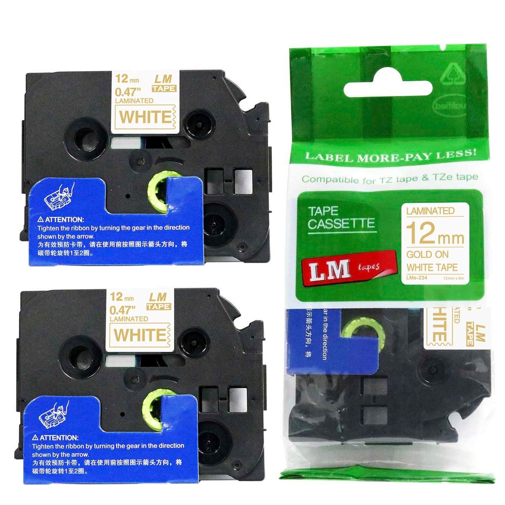 2/Pack - LM Tapes Compatible TZe-234 Gold on White p-Touch Label Tape, 12mm Laminated replacment TZe234 Tape, TZ234 0.47" Gold Ink on White Label with a Great Color/Size Guide.