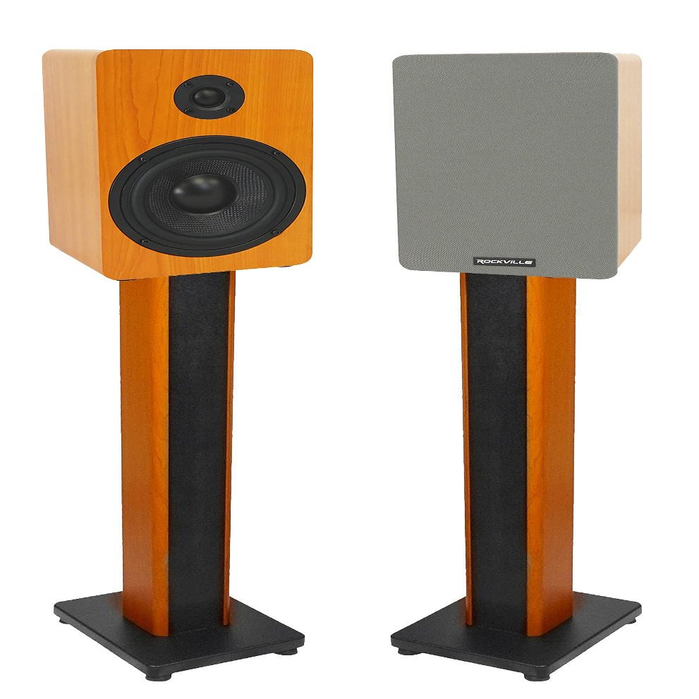 Rockville RockShelf 54C Bundle: (2) 5.25 in Bookshelf Speakers 360W Peak / 90W RMS Pair, 4 Ohm Wood Cabinets, (2) RHTSC 36 in Wood Bookshelf Speaker Stands, 4-Items
