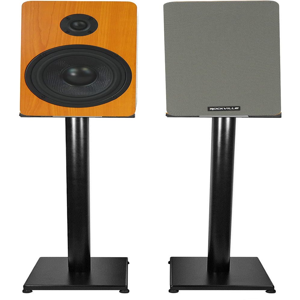 Rockville RockShelf 54C Bundle: (2) 5.25 in 360-Watt Wood Bookshelf Speakers 4 Ohm, (2) RS29B 29 in Steel Speaker Stands with Cable Management, Black Finish, 4-Items