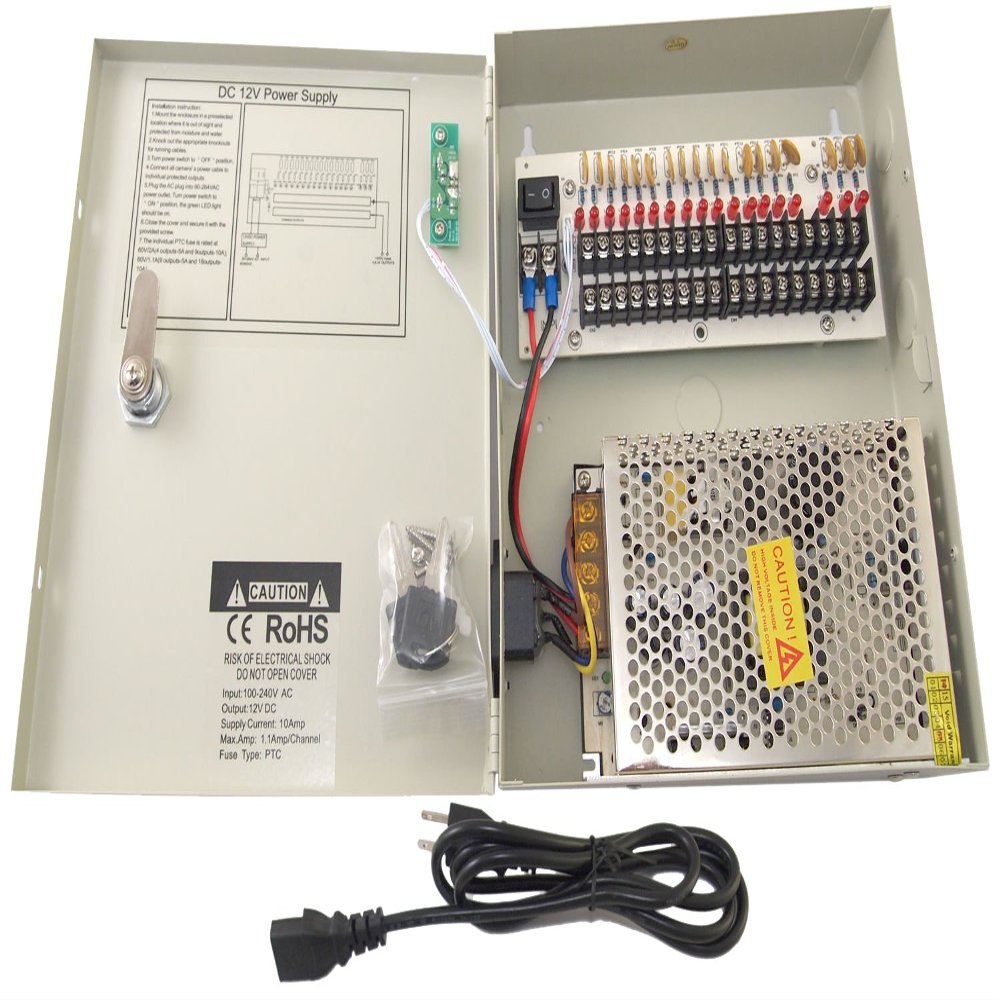 Evertech 18 Channel Port 12V DC 10 Amp Amper with PTC Fuse Key-Lock Distributed Power Supply Box for CCTV Security System and Cameras (10 Pcs. Bulk)
