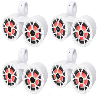 Rockville RKL65MBW Bundle: (4) Pairs 6.5" 350W Peak/85W RMS per Speaker(700W Total) Marine LED Boat Speakers w/Black/White Grilles, (4) DMAC65W Dual 6.5" Aluminum Wakeboard Tower Enclosures, 8-Items