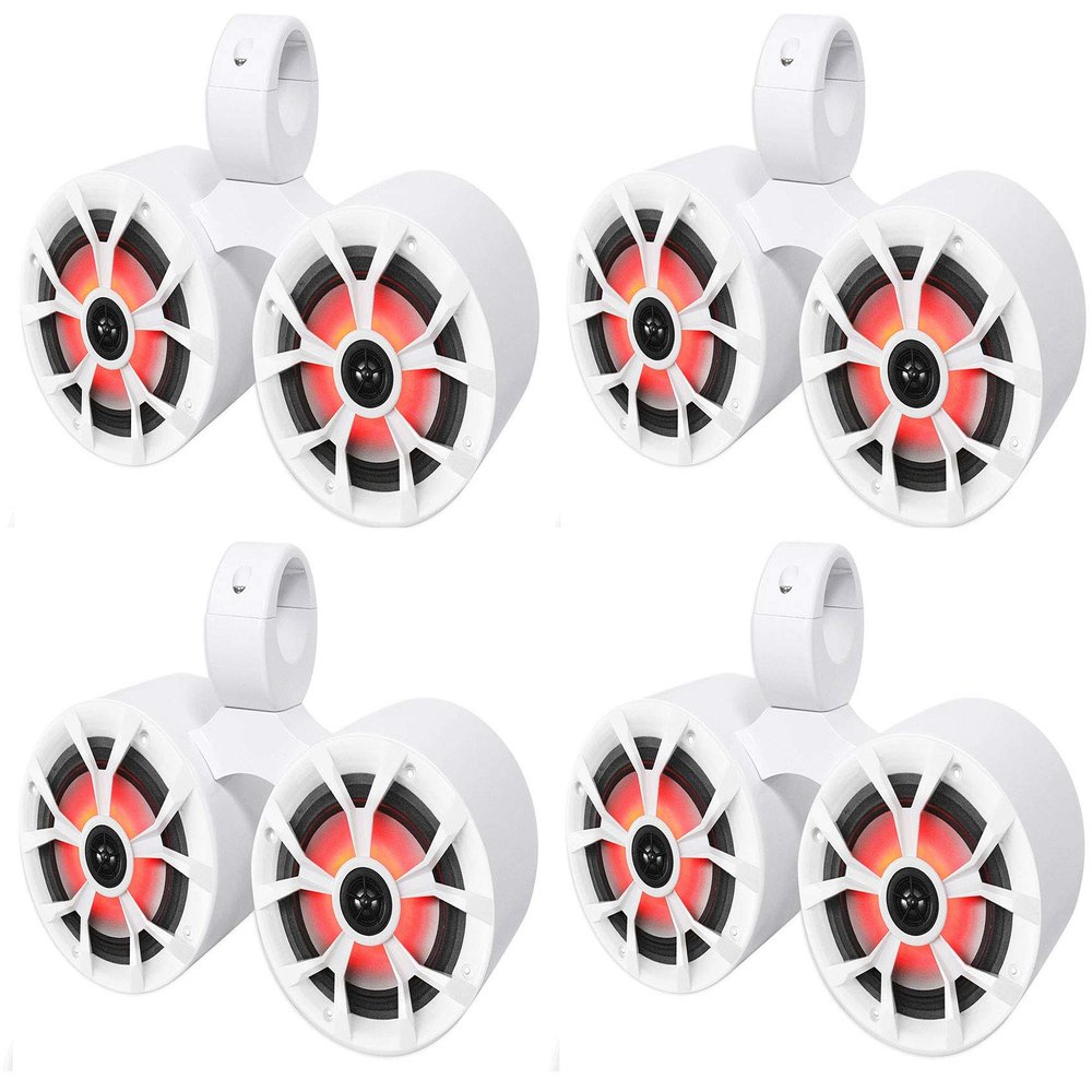 Rockville RKL65MBW Bundle: (4) Pairs 6.5" 350W Peak/85W RMS per Speaker(700W Total) Marine LED Boat Speakers w/Black/White Grilles, (4) DMAC65W Dual 6.5" Aluminum Wakeboard Tower Enclosures, 8-Items