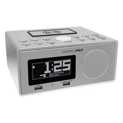 HANNLOMAX HX-202Qi Alarm Clock Radio, Wireless Charging, Bluetooth, 10W Output Power, Dual USB Ports for Charging and MP3 Playback, Temperature, Nightlight, Time Zone, Aux-in. (Silver)