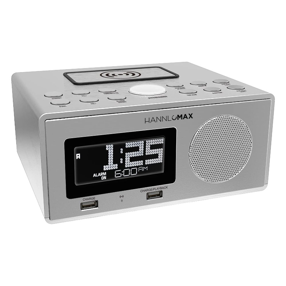 HANNLOMAX HX-202Qi Alarm Clock Radio, Wireless Charging, Bluetooth, 10W Output Power, Dual USB Ports for Charging and MP3 Playback, Temperature, Nightlight, Time Zone, Aux-in. (Silver)