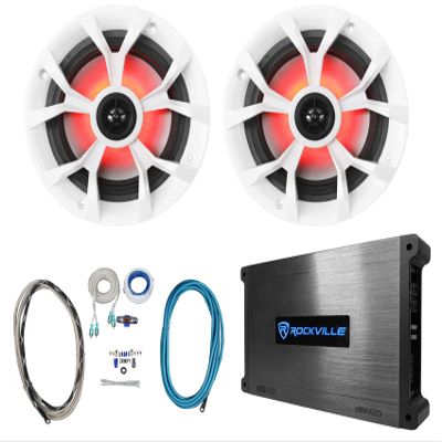 Rockville RKL65MBW Bundle: (2) 6.5 in 700-Watt 4 Ohm Marine LED Speakers with Black/White Grilles, DBM25 2-Channel 1500W Peak/ 370W RMS Marine Amplifier, RMWK4 4-Gauge Install Kit, 4-Items
