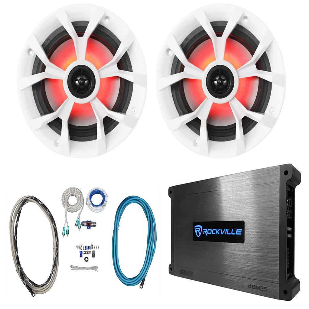 Rockville RKL65MBW Bundle: (2) 6.5 in 700-Watt 4 Ohm Marine LED Speakers with Black/White Grilles, DBM25 2-Channel 1500W Peak/ 370W RMS Marine Amplifier, RMWK4 4-Gauge Install Kit, 4-Items
