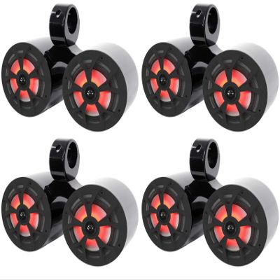 Rockville RKL65MBW Bundle: (4) Pairs 6.5" 700W peak/170W RMS Marine LED Speakers, (4) DMAC65B Dual 6.5" Wakeboard Tower Enclosures, Black-White Grilles, 8-Items