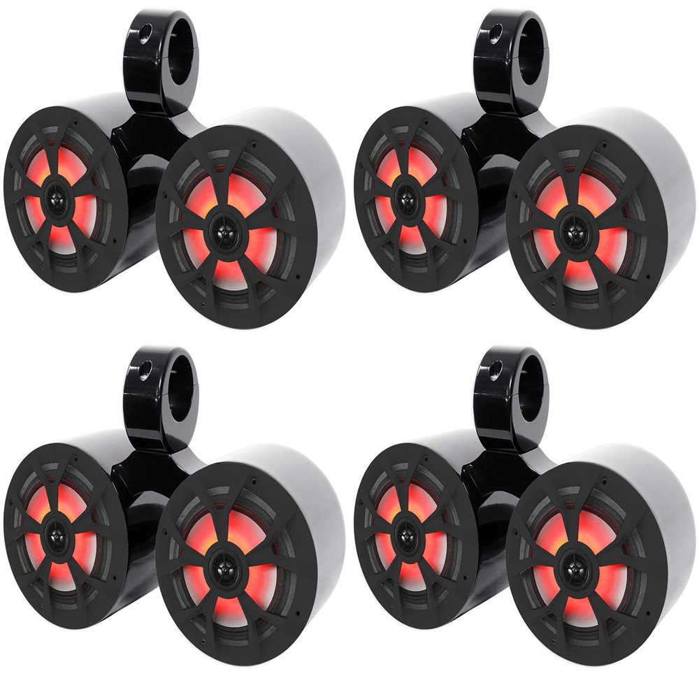Rockville RKL65MBW Bundle: (4) Pairs 6.5" 700W peak/170W RMS Marine LED Speakers, (4) DMAC65B Dual 6.5" Wakeboard Tower Enclosures, Black-White Grilles, 8-Items