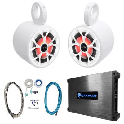 Rockville 2 RKL65MBW 6.5" 700w Marine Wakeboard LED Speakers+Amplifier+Amp Kit