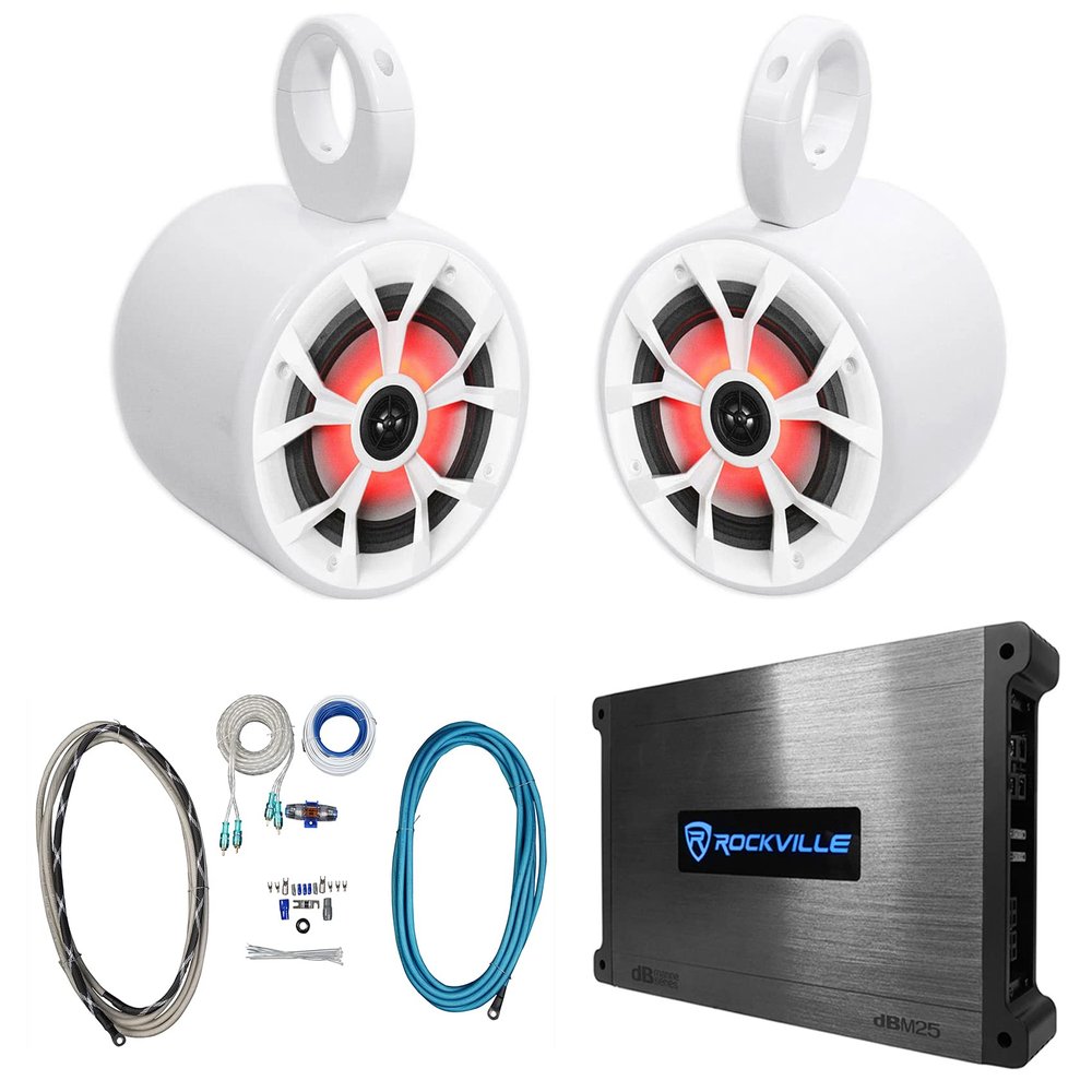 Rockville 2 RKL65MBW 6.5" 700w Marine Wakeboard LED Speakers+Amplifier+Amp Kit